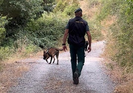 Un agente de la Guardia Civil con un perro de búsqueda en Nieva de Cameros.