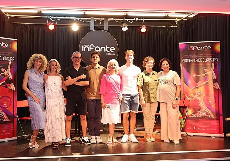 Yanira Ruiz (i), Anna y Carlos López, Roberto Iturriaga, Aurora López, Millán de Benito, Estrella Benito (Faro) y Francisca Terroba (Vencela), en la presentación de la gala.