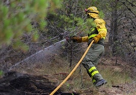 Un bombero forestal interviene en el incendio de Gimileo.