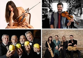 Arriba, la violinista ibicenca Lina Tur Bonet y Pedro Quirico. Debajo, a la derecha, el grupo vocal Golden Apple Quartet y a la derecha, los integrantes del grupo Sephardica.