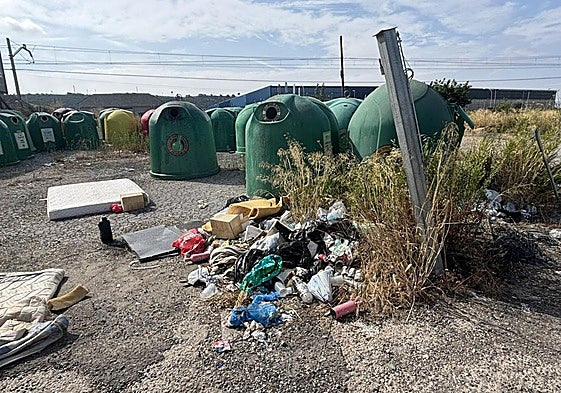 Basurero junto a un depósito de contenedores de vidrio en la avenida de Aragón.
