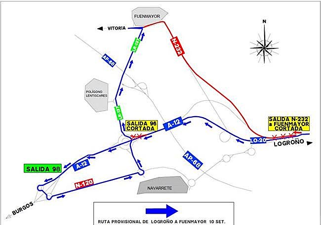 Mapa del corte y alternativas para acceder a Navarrete, Fuenmayor y el polideportivo Lentiscares.