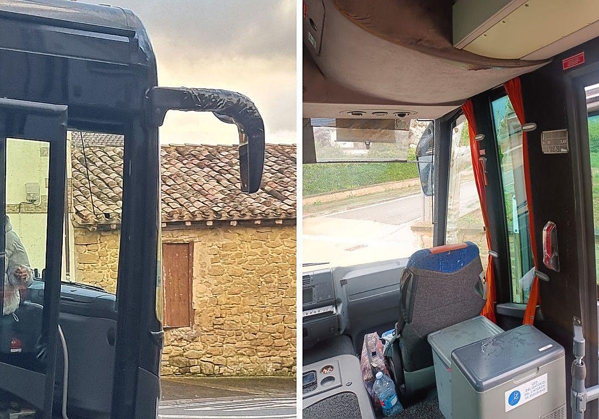 Retrovisor con cinta aislante y goteras en uno de los autobuses que cubre la ruta.