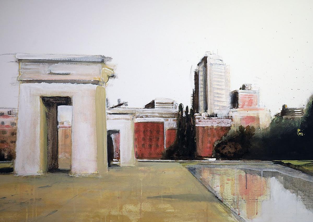 Imagen secundaria 1 - Lienzos sobre la Gran Vía logroñesa y el Templo de Debod (Madrid), y Manuel Romero con Carlos Fuentes (gerente de Fundación Caja Rioja).