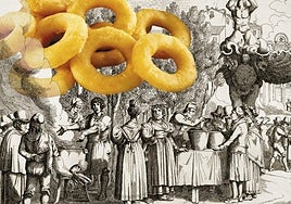 Calamares fritos a la romana y grabado de Achille Pinelli de 1830 de puestos de comida callejera.