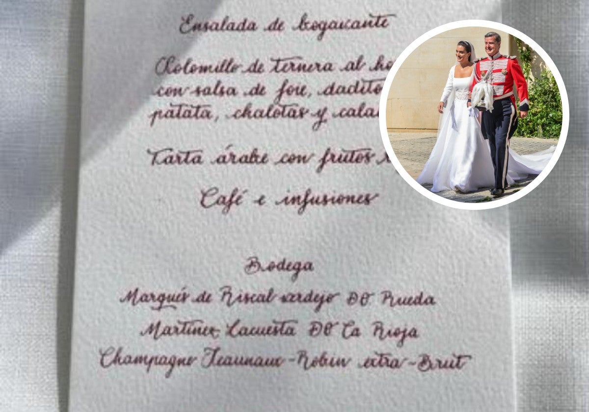 Parte del menú de la boda y, en el detalle, los contrayentes.