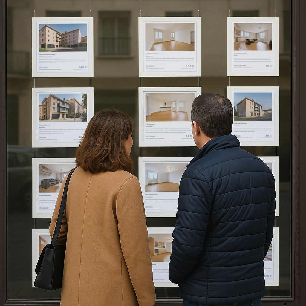 Una pareja frente al portal de una inmobiliaria