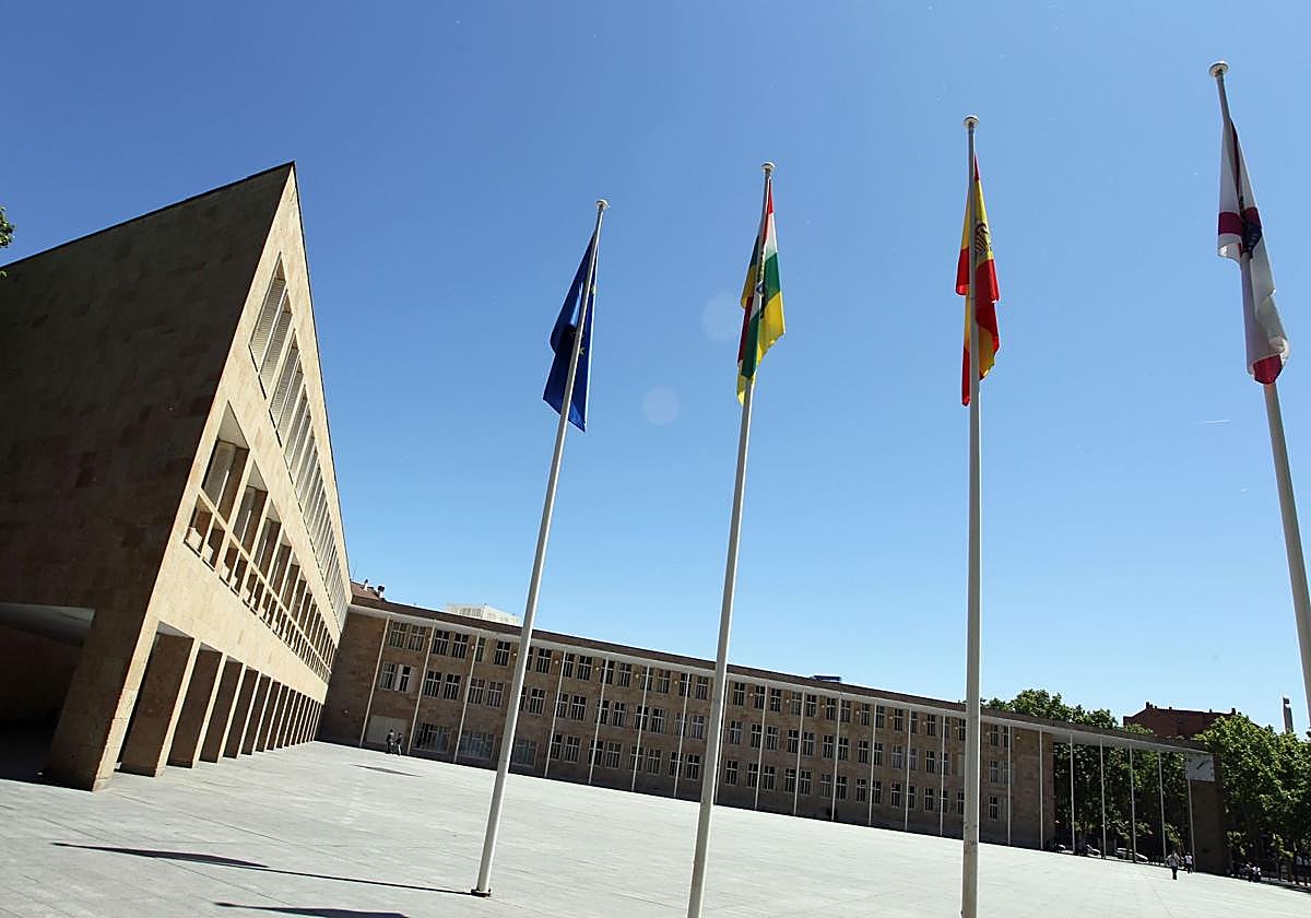 Banderas en la plaza del Ayuntamiento de Logroño.