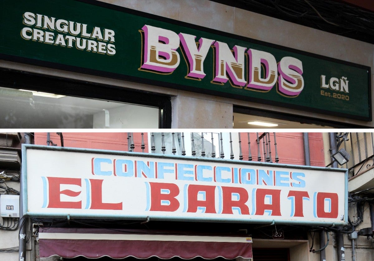 Rótulos de Bynds (Singular Creatures) y El Barato (Confecciones) en el mismo edificio.