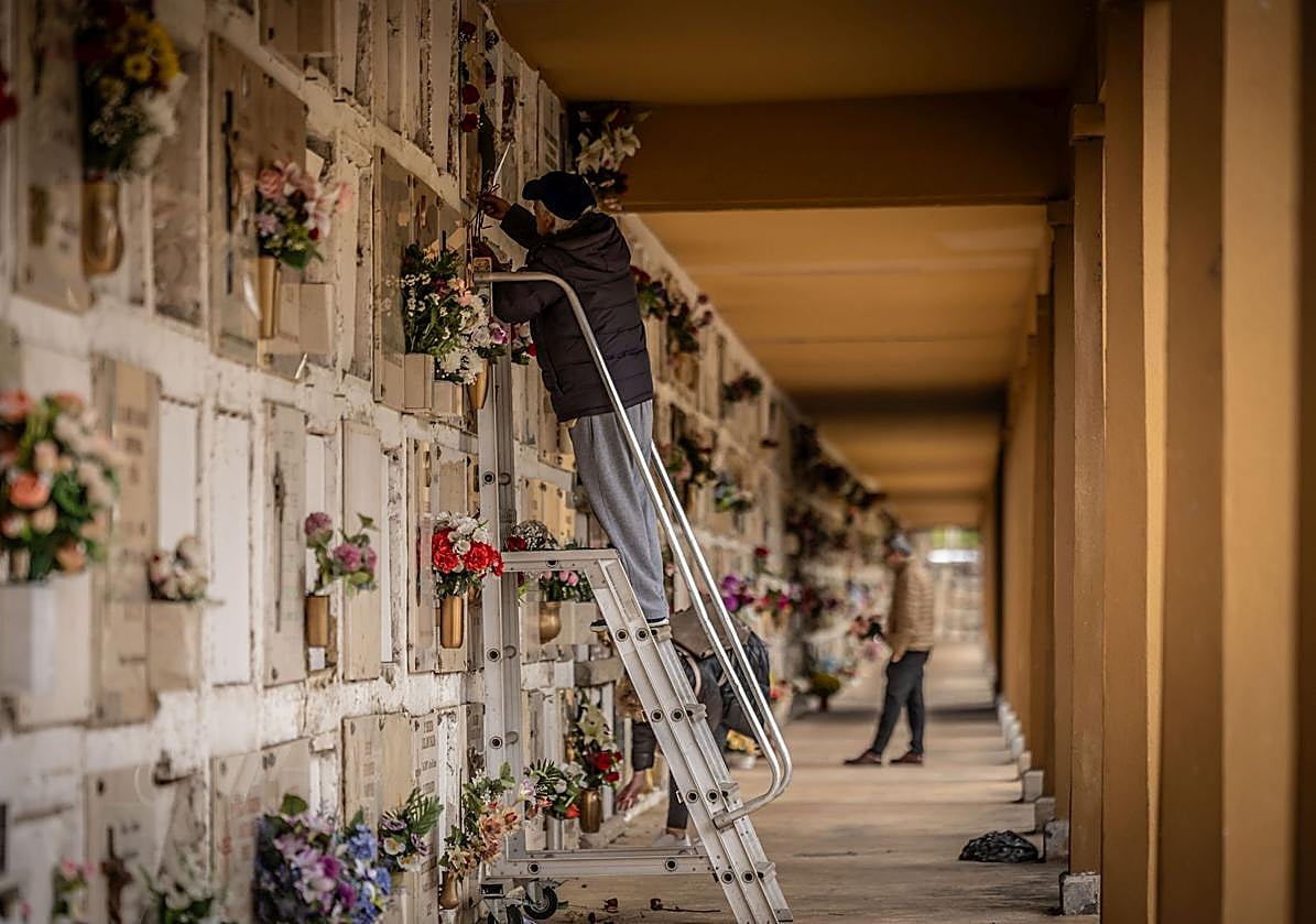 Un hombre deposita un ramo de flores en uno de los nichos del cementerio de Logroño..