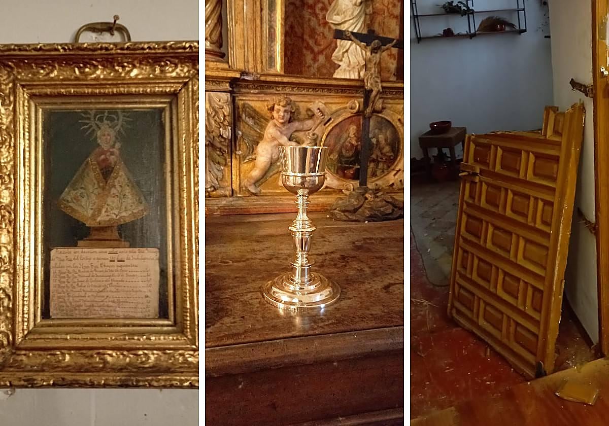 El cuadro y el cáliz sustraídos, y el portón de madera partido en dos.