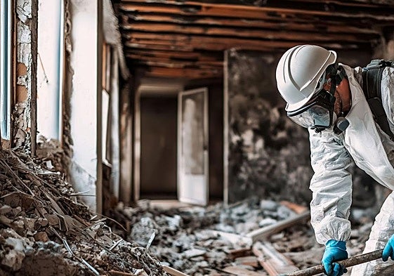 Un operario especializado retira material con amianto de una obra.