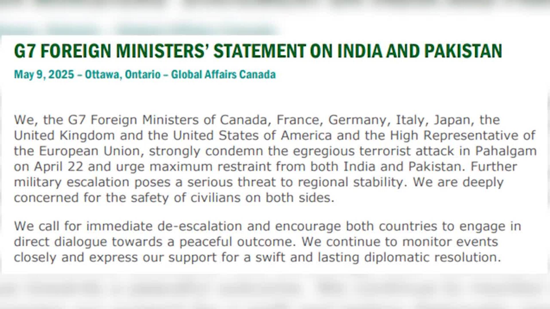 El G7 pide a India y Pakistán entablar "diálogo directo"