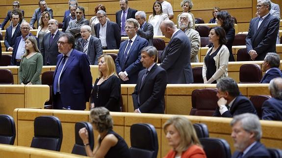 Los senadores de los grupos de la oposición, en pie, durante la protesta.