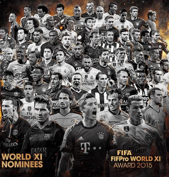 Los 55 candidatos al FIFA FIFPro World XI 2015. 