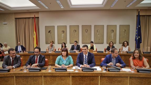 Pedro Sánchez, durante la reunión en el Congreso de los diputados y senadores electos de su partido. 