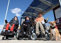 Raquel, Patricia y Sandra, junto a su perra, Gema, posan en una de las paradas del autobús urbano. ::                                                JUAN MARÍN