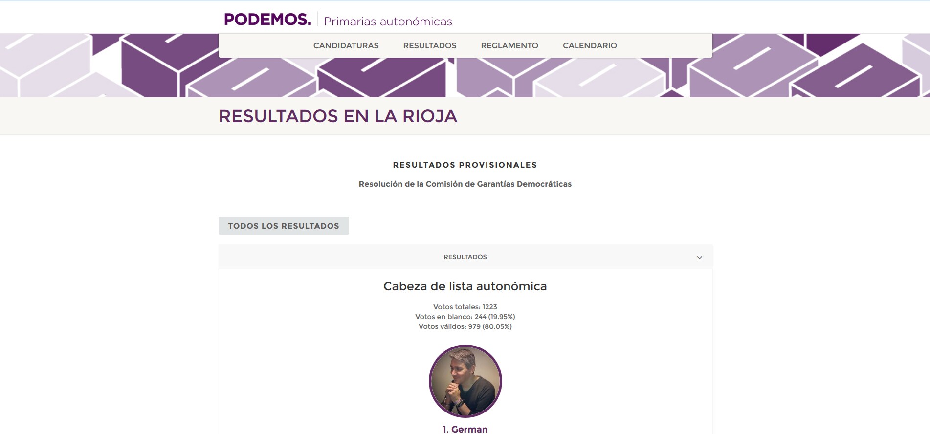 Imagen de la web de Podemos anunciando la victoria de Germán Cantabrana.