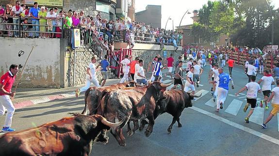 Corredores y toros, durante el tercer encierro de las fietas. 