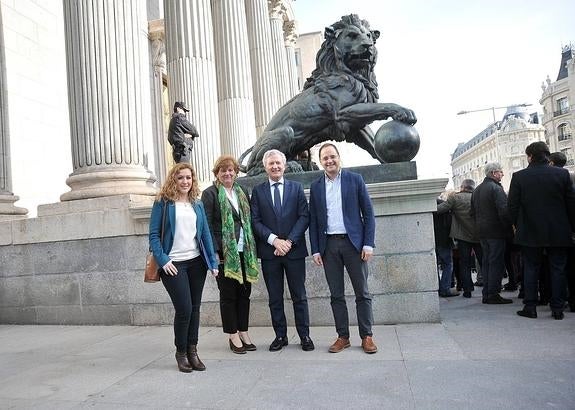 Sara Carreño, Concepción Bravo, Emilio del Río y César Luena, a las puertas del Congreso de los Diputados el pasado mes de enero. :: l.r.