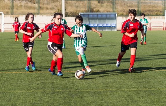 Pugna. Dos escolares luchan por hacerse con el control del balón en un partido de infantiles jugado en Prado Viejo.