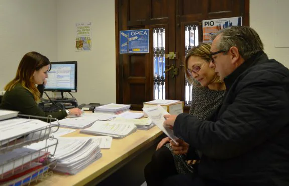 Luis Martínez-Portillo y y la concejala Raquel Moral consultan la evolución del paro en Calahorra, en la oficina de la agente local de empleo. :: i.á. 