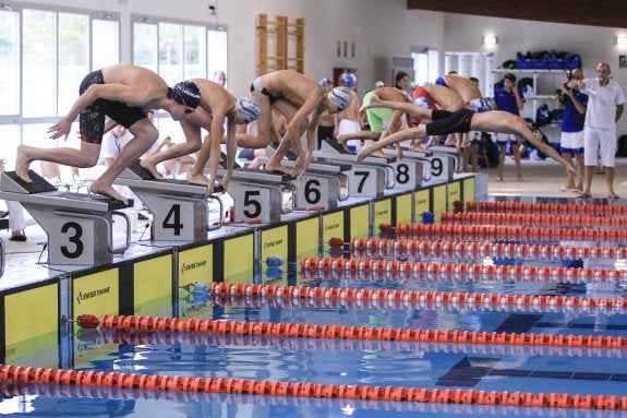 Los nadadores se lanzan a la piscina para iniciar una de las pruebas. :: F.D.