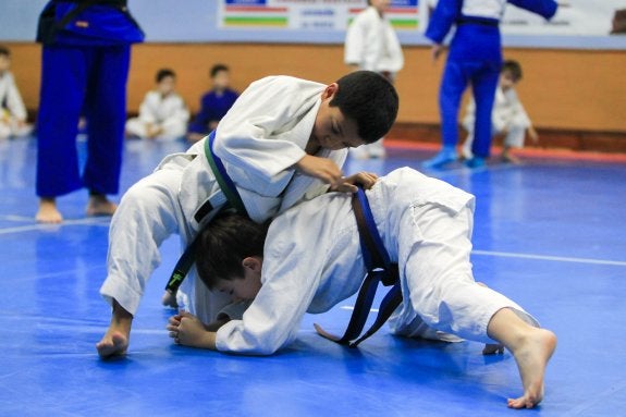 Dos escolares se enfrentan en el polideportivo Pedro Fernández. :: F.D.