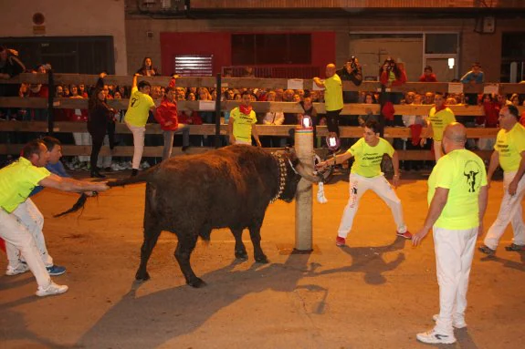 La suelta del toro embolado atrajo anoche a cientos de personas. :: ep
