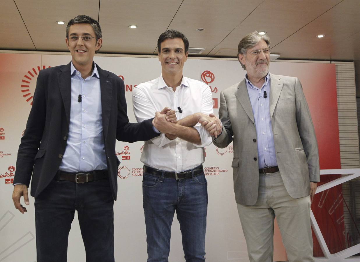 Los tres candidatos. Los tres candidatos a la Secretaría General del PSOE , Eduardo Madina, Pedro Sánchez y Antonio Pérez Tapias