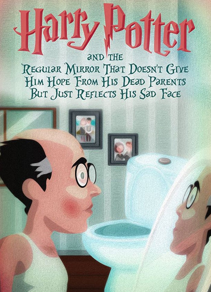 Harry Potter y el espejo normal que no refleja la imagen de sus padres muertos, sino que sólo refleja su cara triste. 