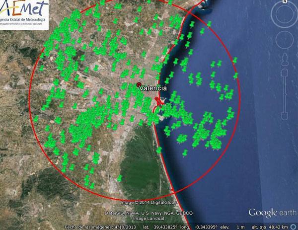 Los 710 rayos registrados por la Agencia de Meteorología en un radio de 20 km alrededor de Valencia.