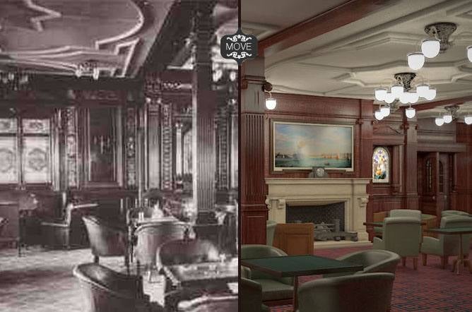 Sala de fumadores del Titanic original y de la réplica. 