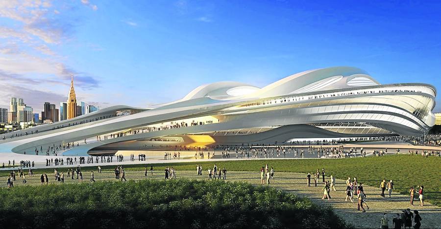 El estadio olímpico de Tokio que no será. Zaha Hadid proyectó este espectacular edificio como sede olímpica, que finalmente no se contruirá. Buscaba ser un espacio abierto a la ciudadanía