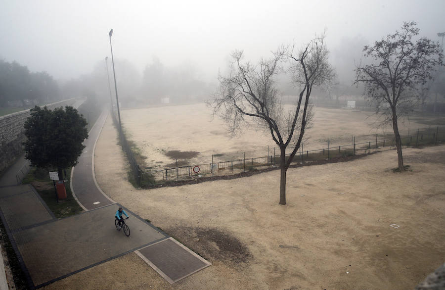 Niebla en el viejo cauce del río Turia (Valencia).