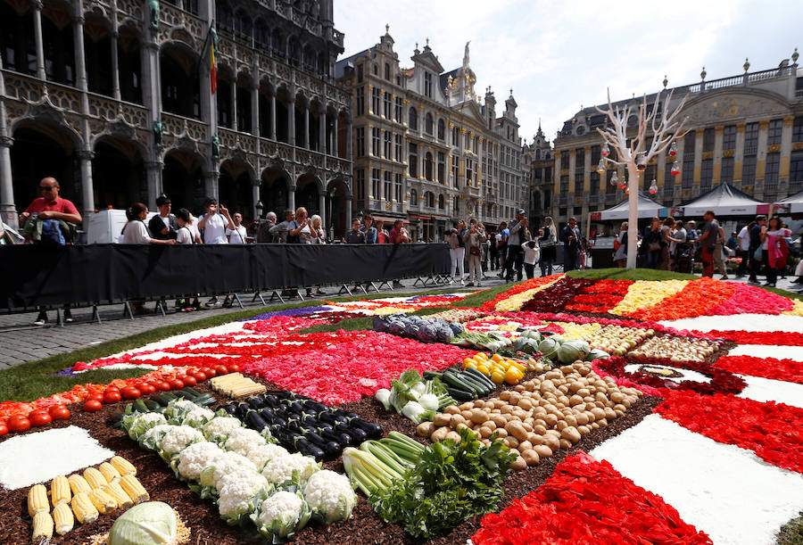 Una exposición floral que incluye frutas y verduras inserta en el evento "Flowertime" en la Grand Place de Bruselas, Bélgica