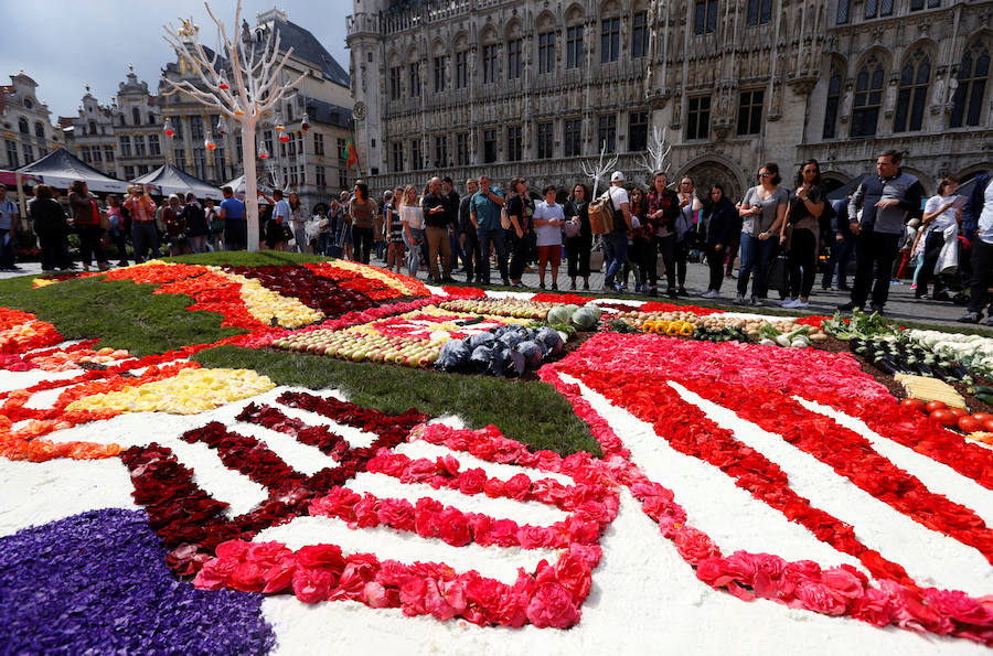 Una exposición floral que incluye frutas y verduras inserta en el evento "Flowertime" en la Grand Place de Bruselas, Bélgica
