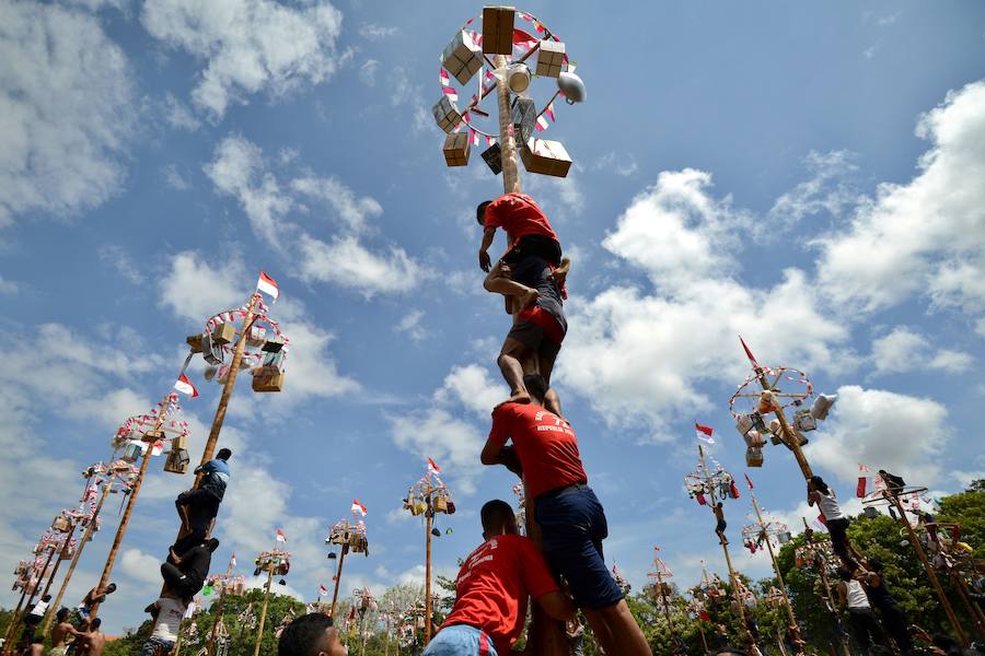 Tailanda celebra su Día de la Independencia de una manera muy peculiar: colocan en vertical los troncos talados de nogales que engrasan con aceite para dificultar la llegada a la cima en la que se encuentran varios premios. 