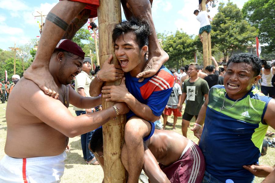 Tailanda celebra su Día de la Independencia de una manera muy peculiar: colocan en vertical los troncos talados de nogales que engrasan con aceite para dificultar la llegada a la cima en la que se encuentran varios premios. 