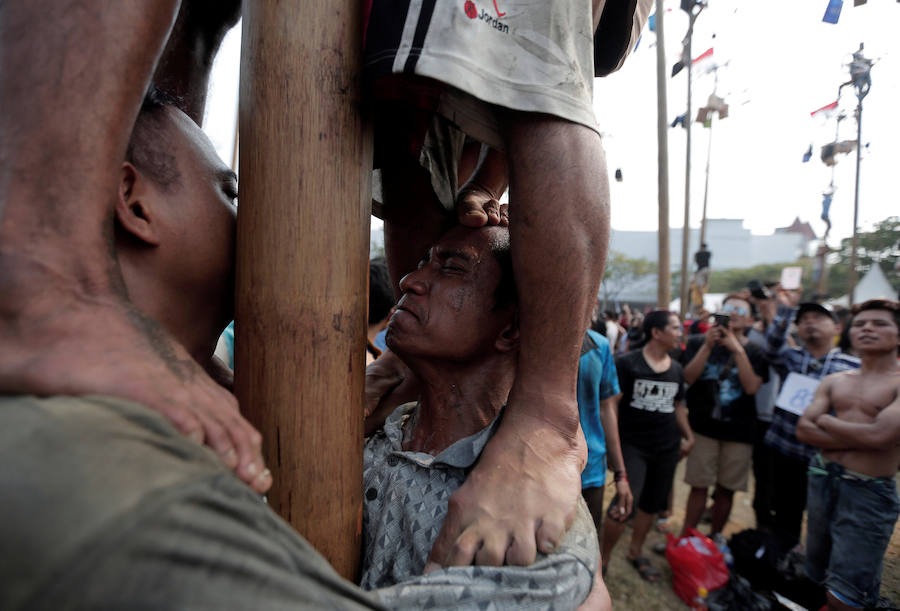 Tailanda celebra su Día de la Independencia de una manera muy peculiar: colocan en vertical los troncos talados de nogales que engrasan con aceite para dificultar la llegada a la cima en la que se encuentran varios premios. 