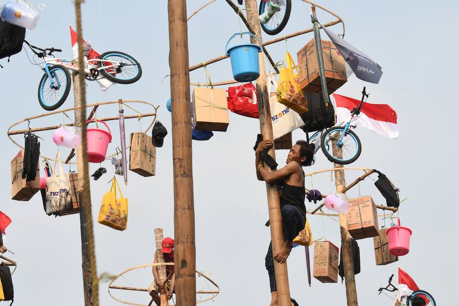 Tailanda celebra su Día de la Independencia de una manera muy peculiar: colocan en vertical los troncos talados de nogales que engrasan con aceite para dificultar la llegada a la cima en la que se encuentran varios premios. 