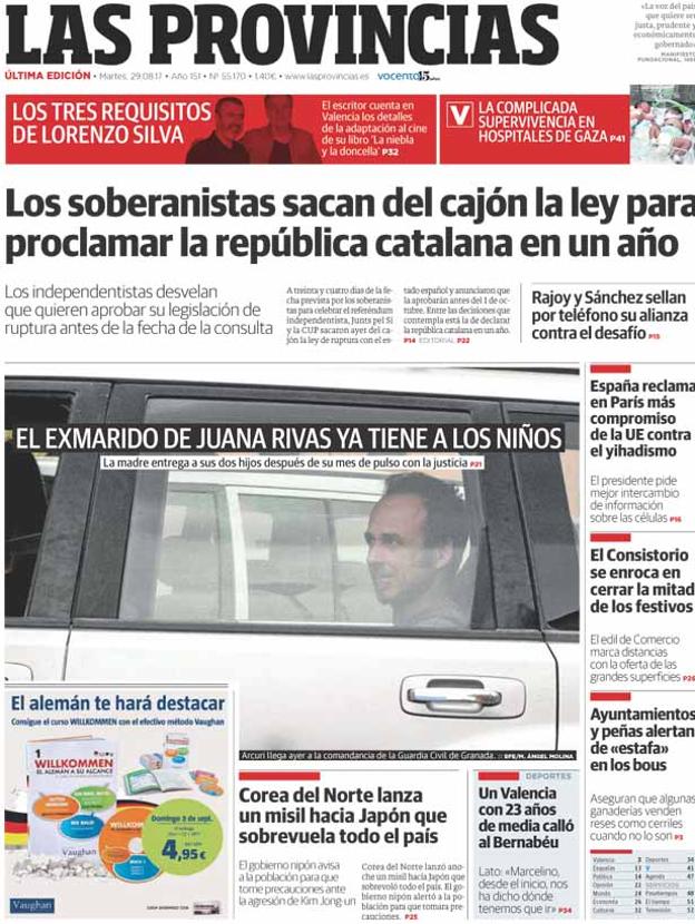 Portada de LAS PROVINCIAS del martes 29 de agosto de 2017