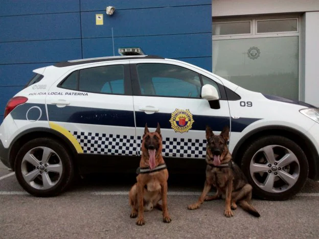 Urko y su nueva compañera de equipo, Fany, junto a un coche patrulla de la Policía Local. 