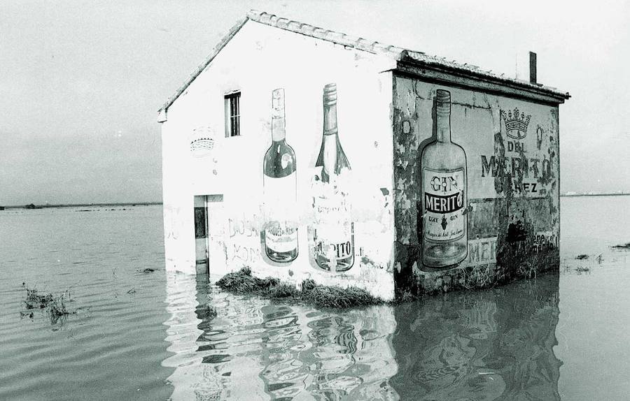 Una casa de huerta anegada y rodeada de agua. No se distingue los cultivos.