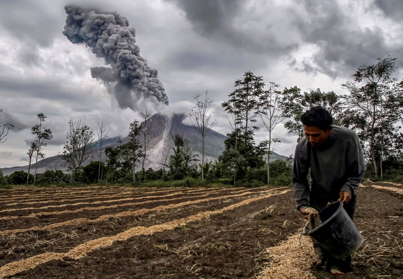 Un agricultor abona su huerto mientras el volcán Sinabung entra en erupción en la isla de Sumatra. 