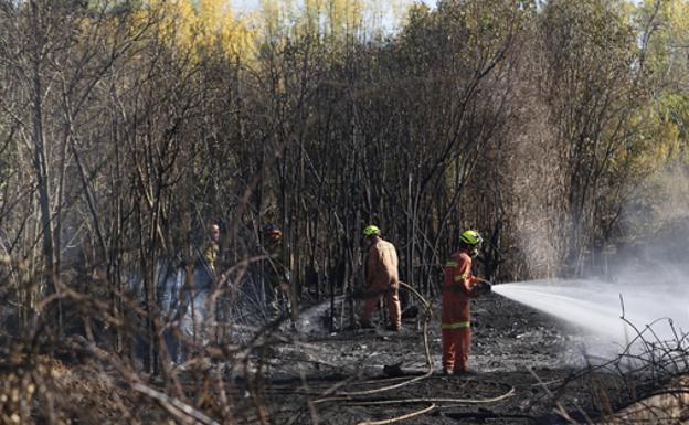 Los equipos de extinción, durante los trabajos para controlar el incendio.