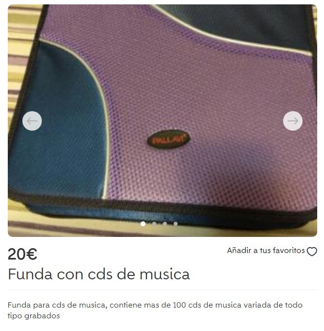 Otros objetos destacan por la cara dura del vendedor, como esta joven de Nules que pone a la venta una "funda" que contiene "más de 100 cds de música variada de todo tipo grabados”. 