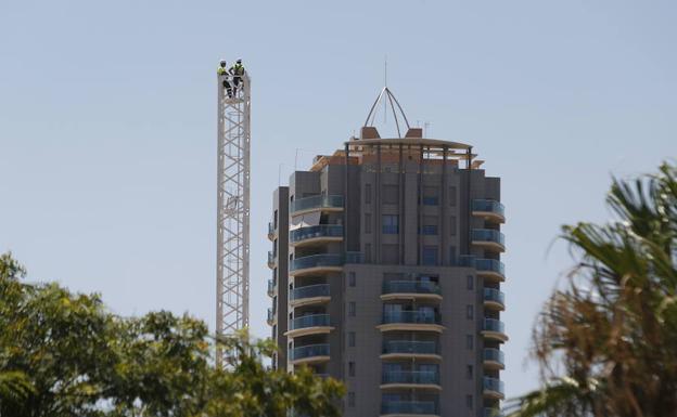 Operarios en pleno proceso de montaje de una grúa de construcción en Valencia. 