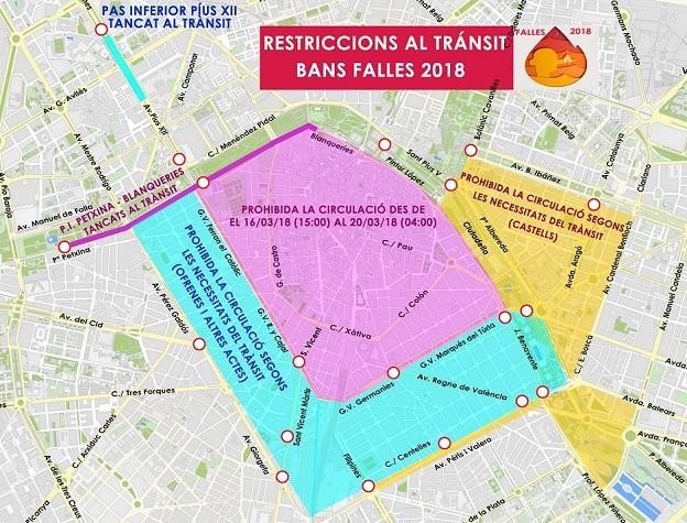 Mapa del tráfico en Valencia durante las Fallas 2018.