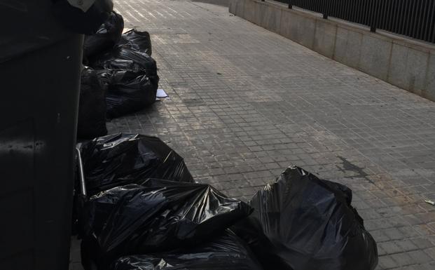 Las bolsas con documentos junto a dos contenedores al lado de la Ciudad de la Justicia.